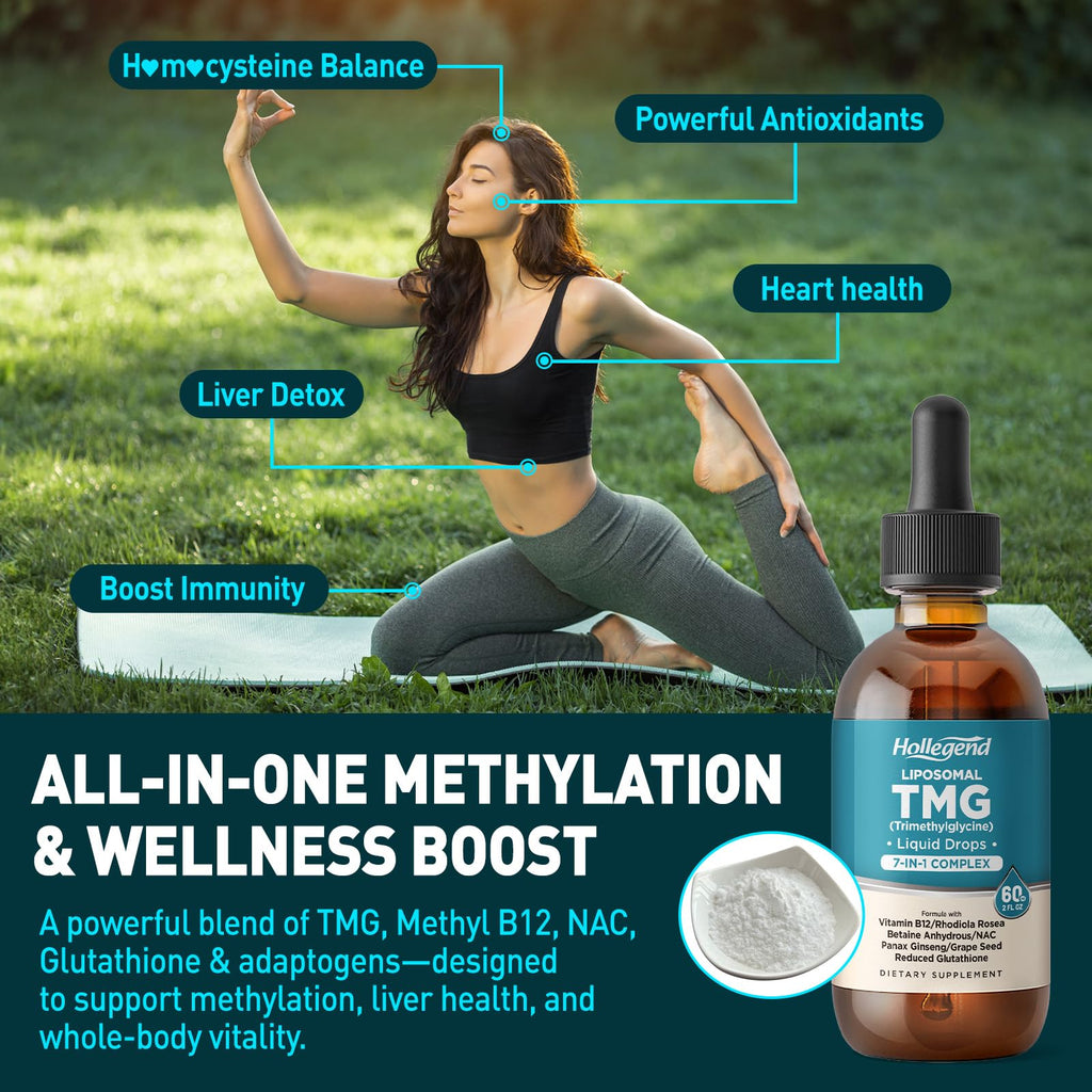 HOLLEGEND Liposomal TMG Supplements Liquid Drops, 1000mg Trimethylglycine as Betaine Anhydrous for Methylation, Antioxidant & Brain & Liver Health, High Absorption, Non-GMO, Vegan, Blueberry, 2 FL Oz