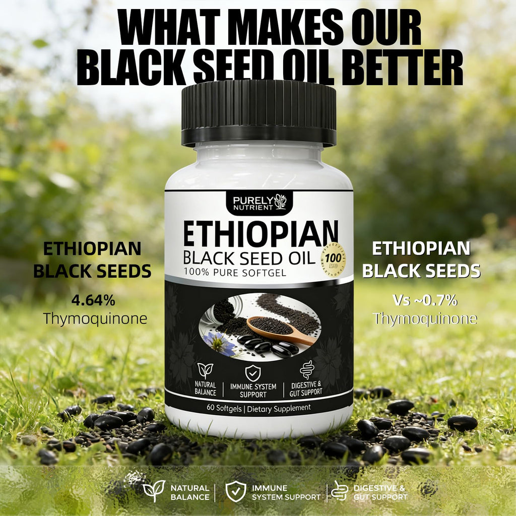 NHQNHQ Purely Nutrient Ethiopian Black Seed Oil, Ethiopian Black Seed Oil Softgels |4.64% Thymoquinone | Non-GMO, Gluten-Free,60 Capsules-1PCS