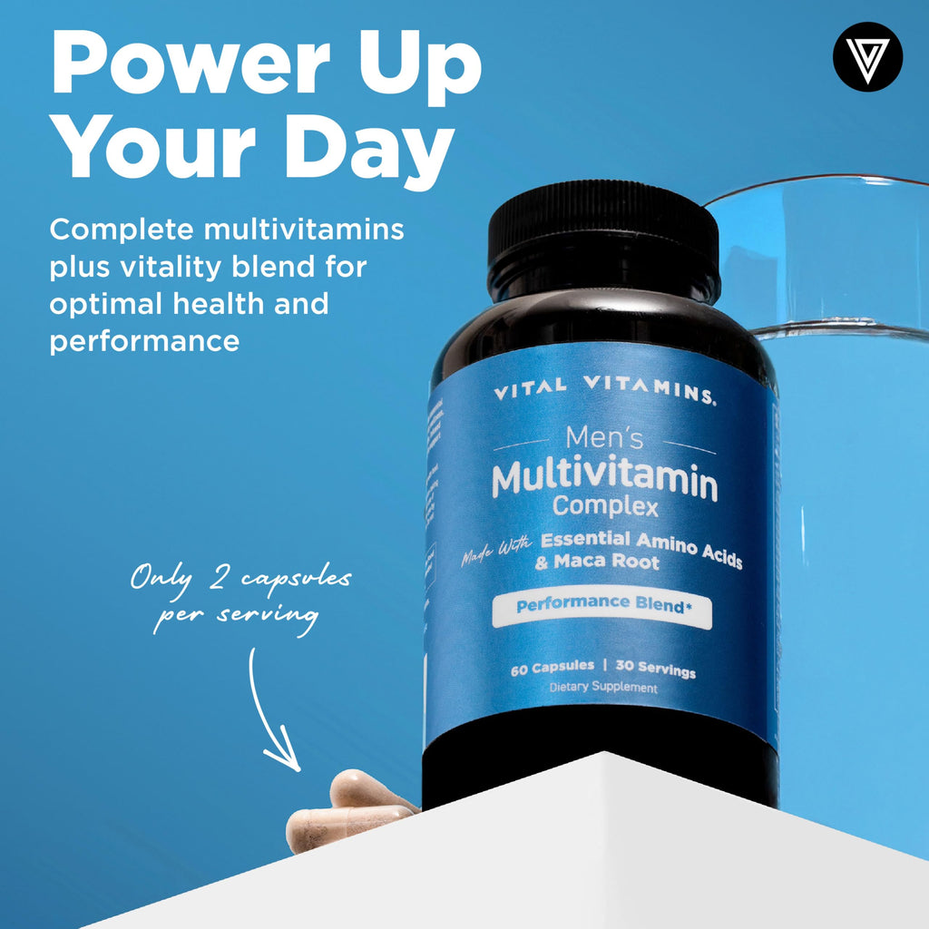 Vital Vitamins Men's Multivitamin Complex - Made with Essential Amino Acids & Maca Root - with Vitamin A, C, E, B6, B12, D3 & Male Performance Blend - Daily Men's Multivitamin - 60 Capsules