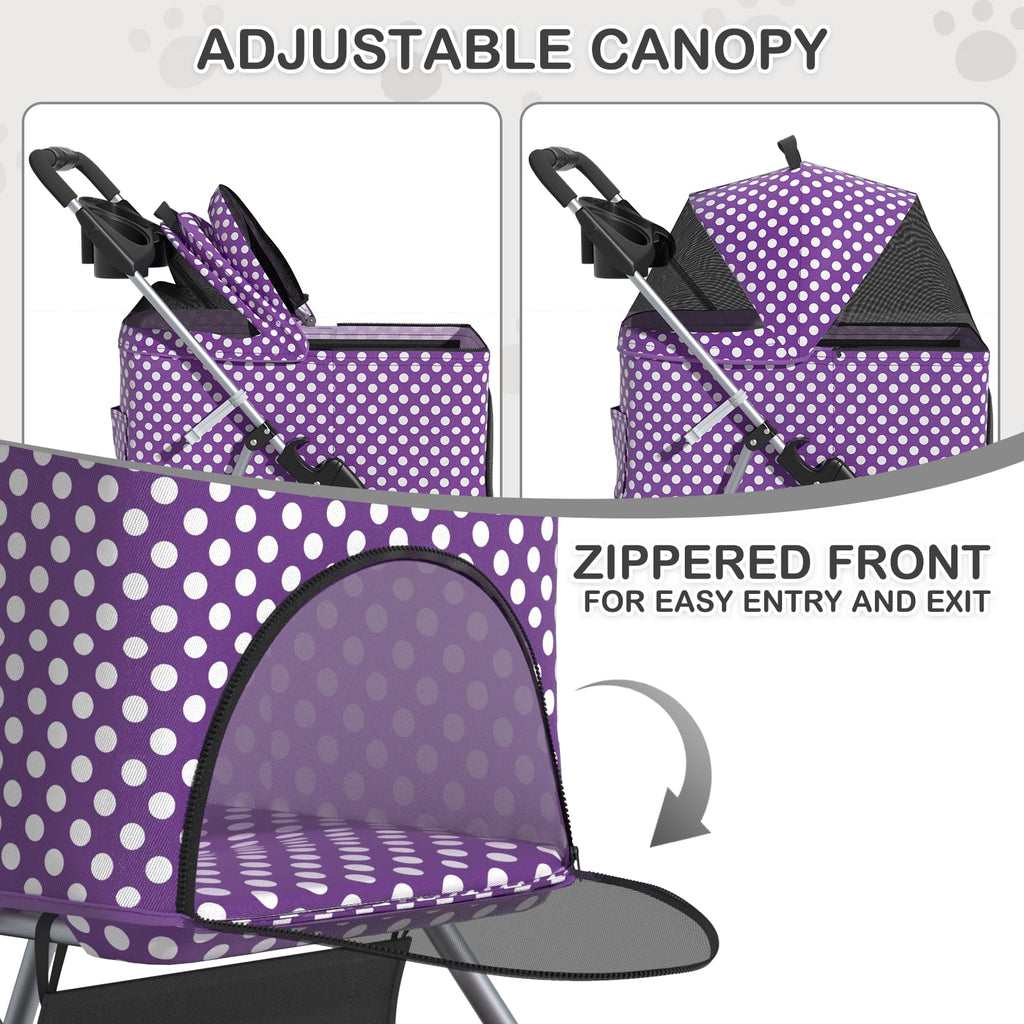 MoNiBloom 3 in 1 Foldable Pet Stroller for Small & Medium Dogs, Detachable Carrier, Car Seat, Push Button Entry, 4-Wheel Jogger for Pets up to 33 lbs, Purple Polka Dots