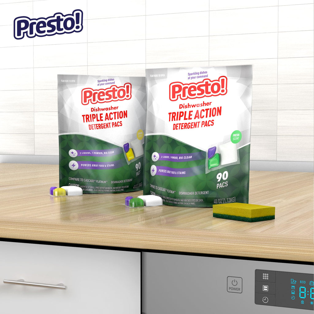 Amazon Brand - Presto! Triple Action Dishwasher Pacs, Fresh Scent, 90 Count (Pack of 2)