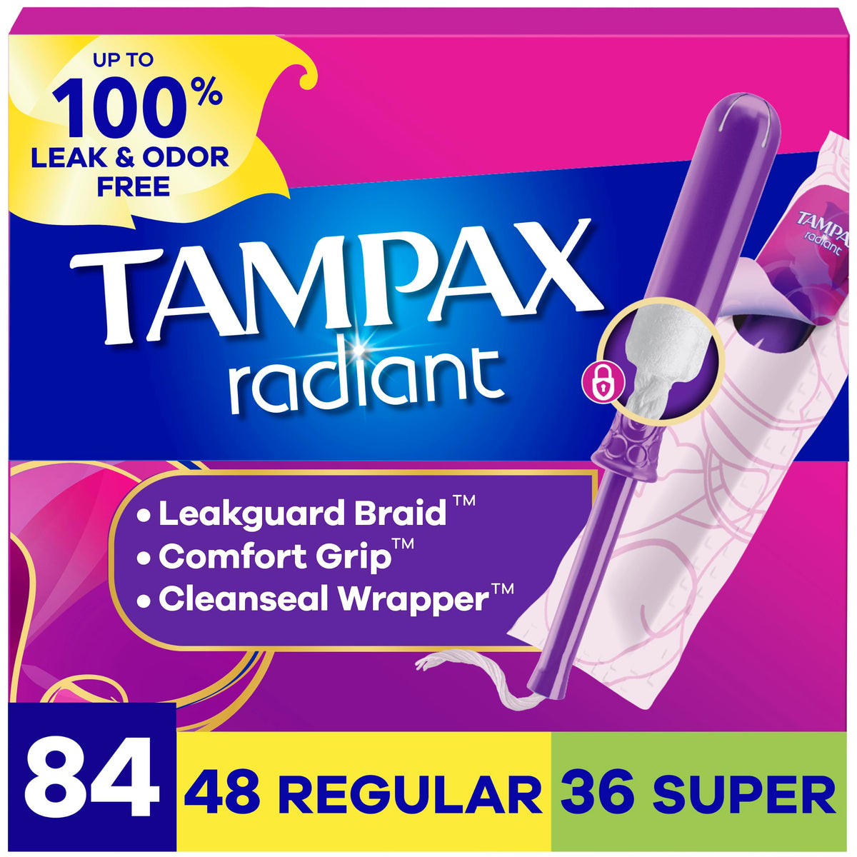 Tampax Radiant Tampons for Women Multipack, with LeakGuard Braid, Regular/Super Absorbency, Unscented, 84 Count (3 Packs of 28), Packaging May Vary