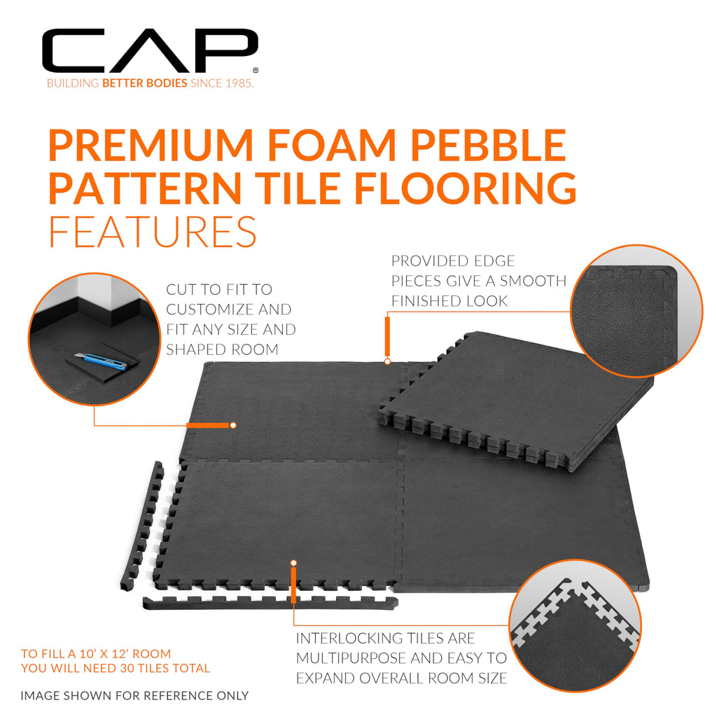 CAP Barbell 1/2-Inch Interlocking EVA Foam Exercise Puzzle Mat Home Gym Flooring - 1 Pack | 24" x 24" x 1/2" | Pebble Pattern - Black