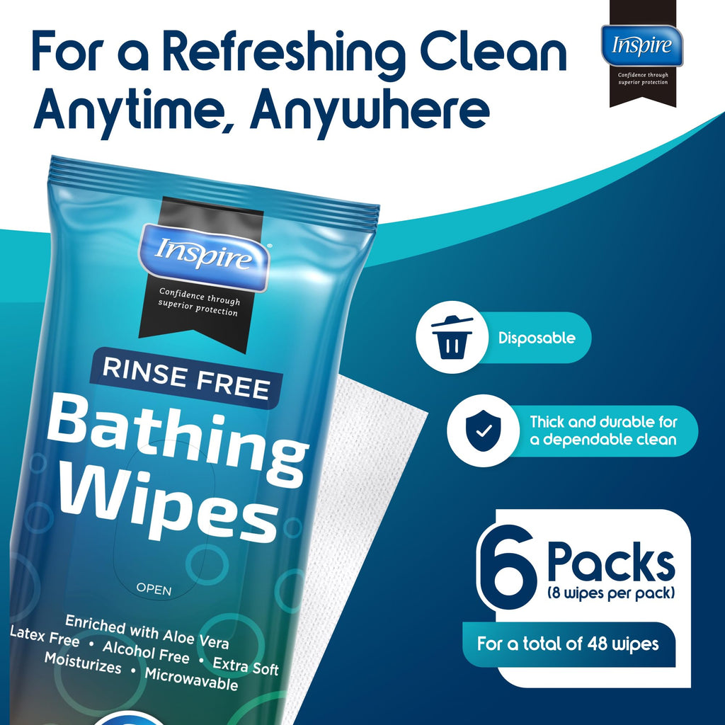Body Wipes for adults bathing no rinse | Adult Wash Cloths Extra Large, Bathing Wipes for Incontinence, 8"x 8" In (48 count) | By Inspire