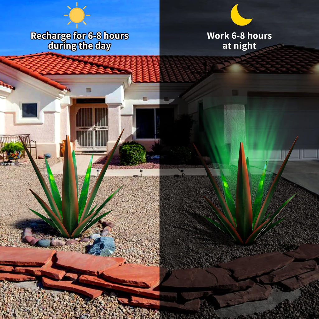 KODIBO 24" Large Metal Agave Plant Outdoor Decor with Solar Light, Blue