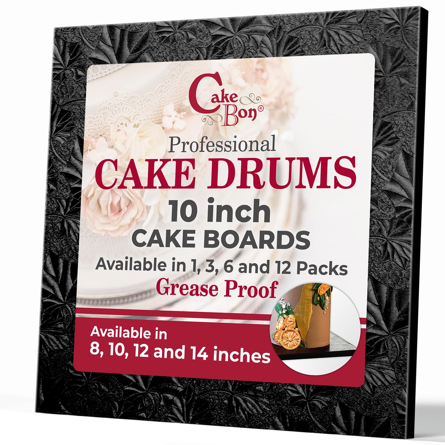 Cakebon Cake Boards Square - Sturdy 1/2 Inch Thick Drums - 10 Inch Professionally Wrapped Edges Black 6-Pack
