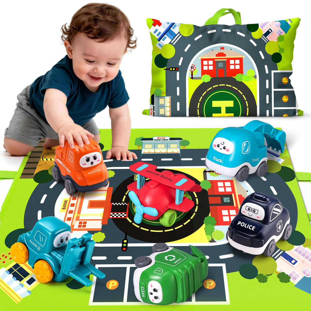 6PCS Big Truck Toy Set with Playmat