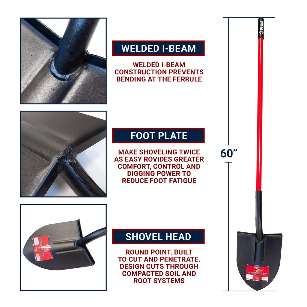 Bully Tools 12-Gauge Round Point Gardening Shovel | Heavy Duty Fiberglass Long Handle | Spade Shovels for Digging, Trenching and Planting | Steel Body Gardening Hand Tools, 100% Made in USA