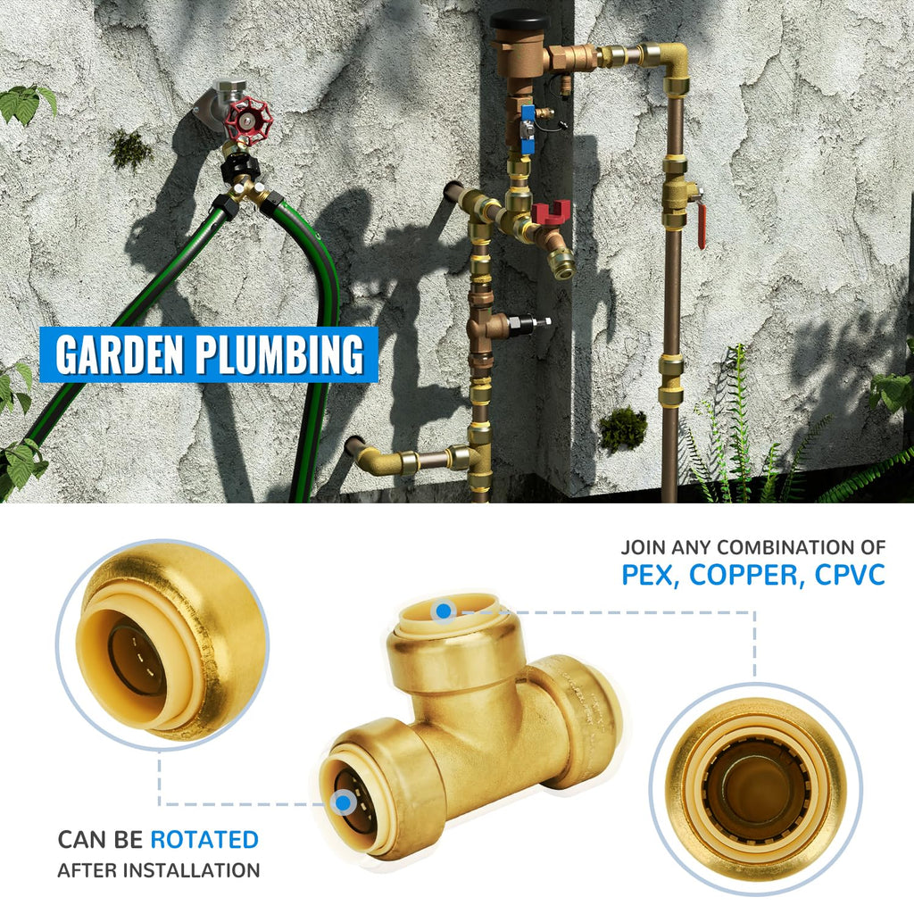 SUNGATOR 1-Inch Push Fit PEX Tee, No Lead Brass Plumbing Pipe Connector T Fittings with Disconnect Clip, Push-to-Connect, Copper, CPVC (2-Pack)
