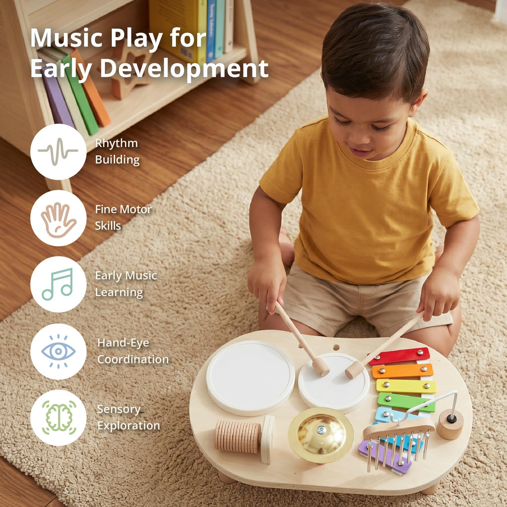 Wooden Drum Set for Toddlers 1-3, Montessori Musical Toy for Kids