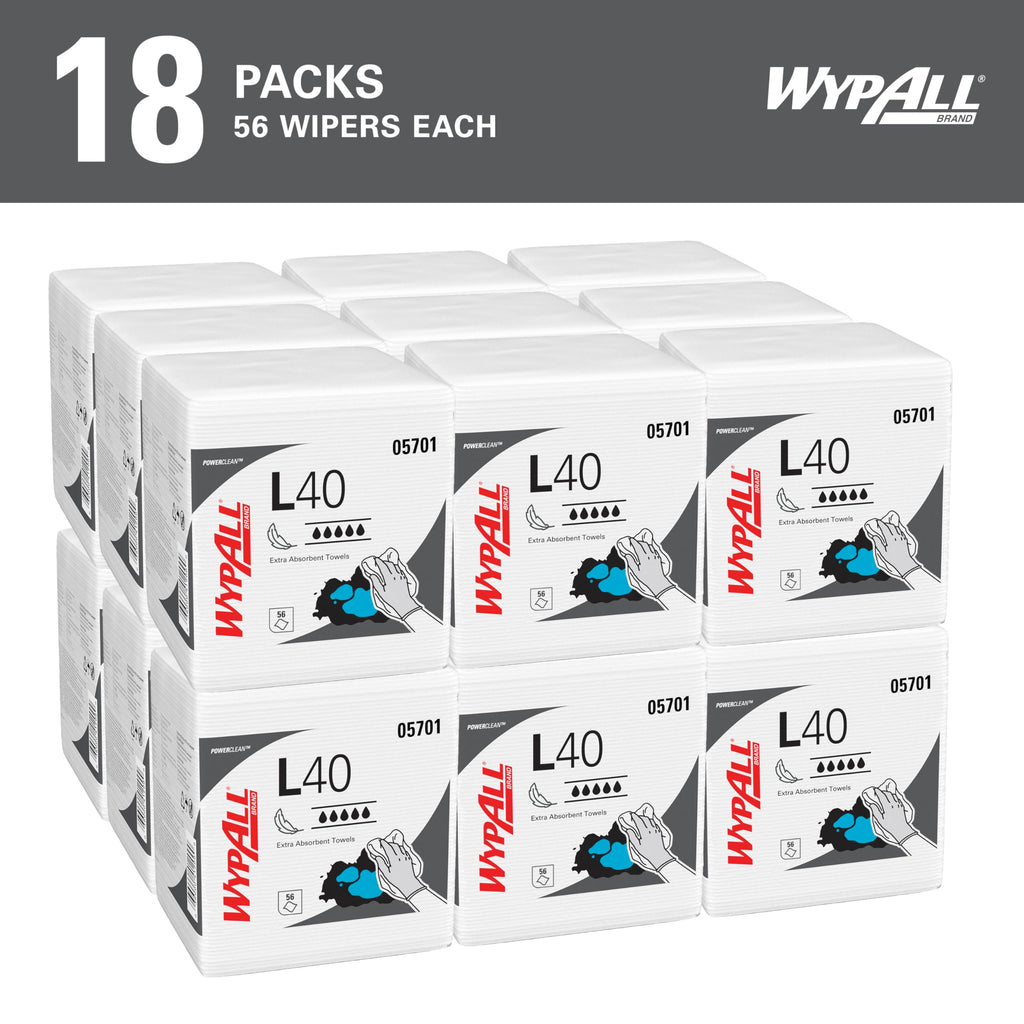 Wypall PowerClean L40 Extra Absorbent Towels, 18 Packs x 56 Sheets (05701)