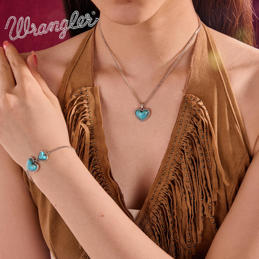 Wrangler Heart Charms Link Bracelet, 14K Gold Turquoise Jewelry for Women