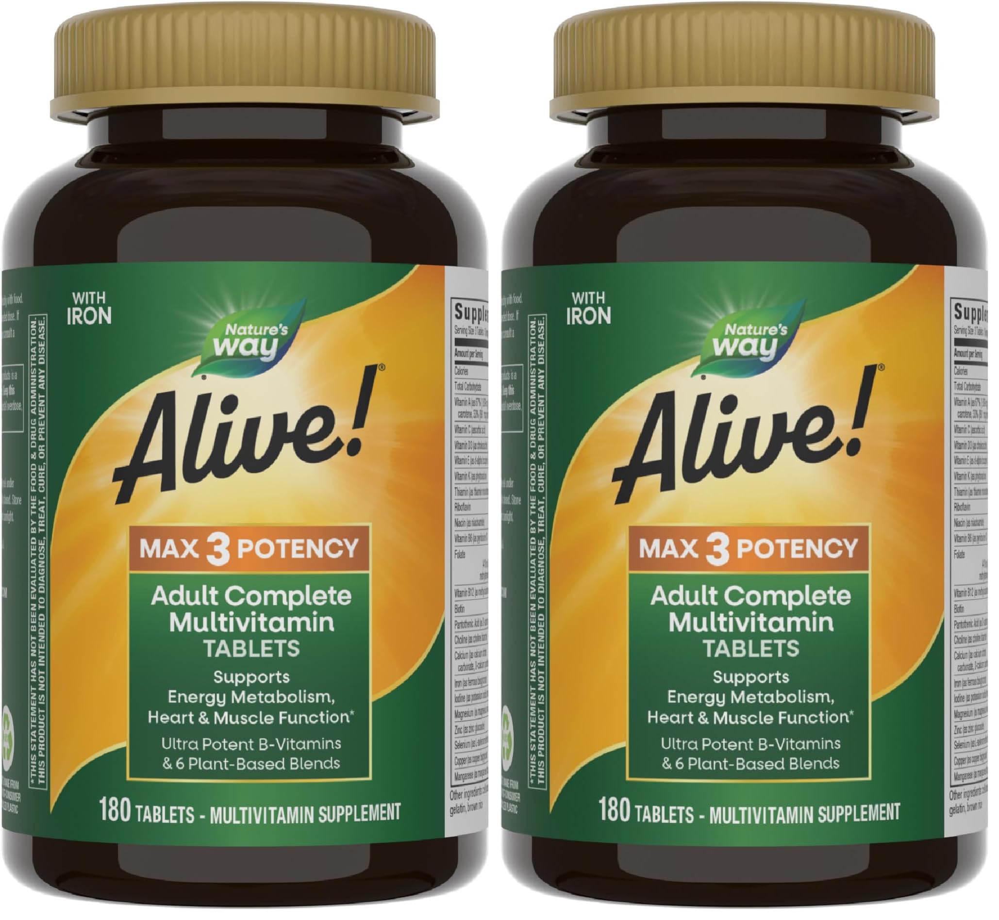 Nature's Way Alive! Max3 Potency Daily Multivitamin, Methylated B12 and Folate, Ultra Potency B-Vitamins to Support Energy Metabolism*, 180 Tablets, (Pack of 2)