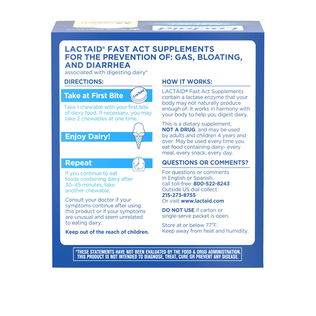 Lactaid Fast Act Lactose Intolerance Relief Chewables with Natural Lactase Enzyme to Prevent Gas, Bloating & Diarrhea Due to Lactose Sensitivity, On-The-Go, Vanilla Twist Flavor, 32 x 1 ct