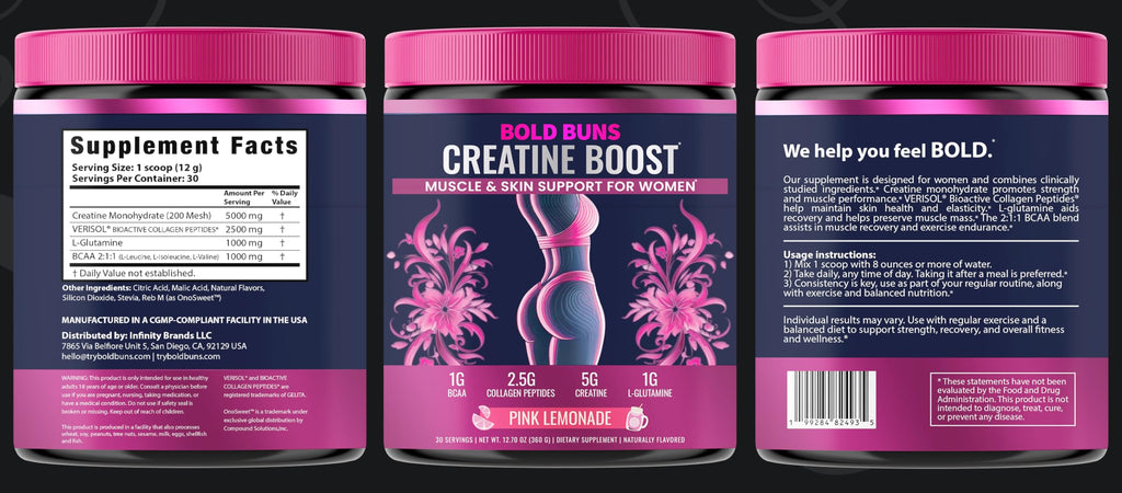 Bold Buns Creatine for Women – Supplement with Collagen & BCAA – Supports Muscle Development, Post-Workout Recovery, Skin Elasticity, Healthy Hair & Nail (30 Servings, Pink Lemonade)