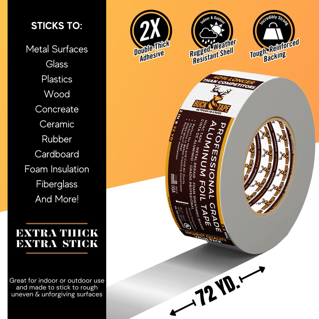 4 Pack Buck Aluminum Foil Tape – 2 Inch x 216ft (72 yd), 3.6 Mil – HVAC Tape for Ductwork, AC, Dryer Vents & Insulation – Silver Foil Tape for Metal Repair, Exhaust Sealing & Air Conditioning