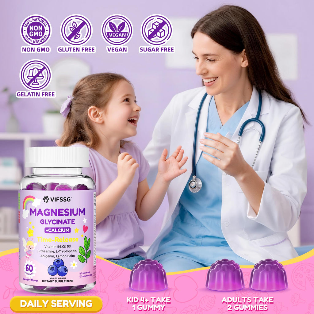 Magnesium Glycinate Gummies for Adults & Kids 4+, 2 Pack Sugar Free Magnesium Bisglycinate Supplement 400/200mg with L Theanine, Chamomile, Lemon Balm for Evening Support & Bedtime Routine 120 Gummies