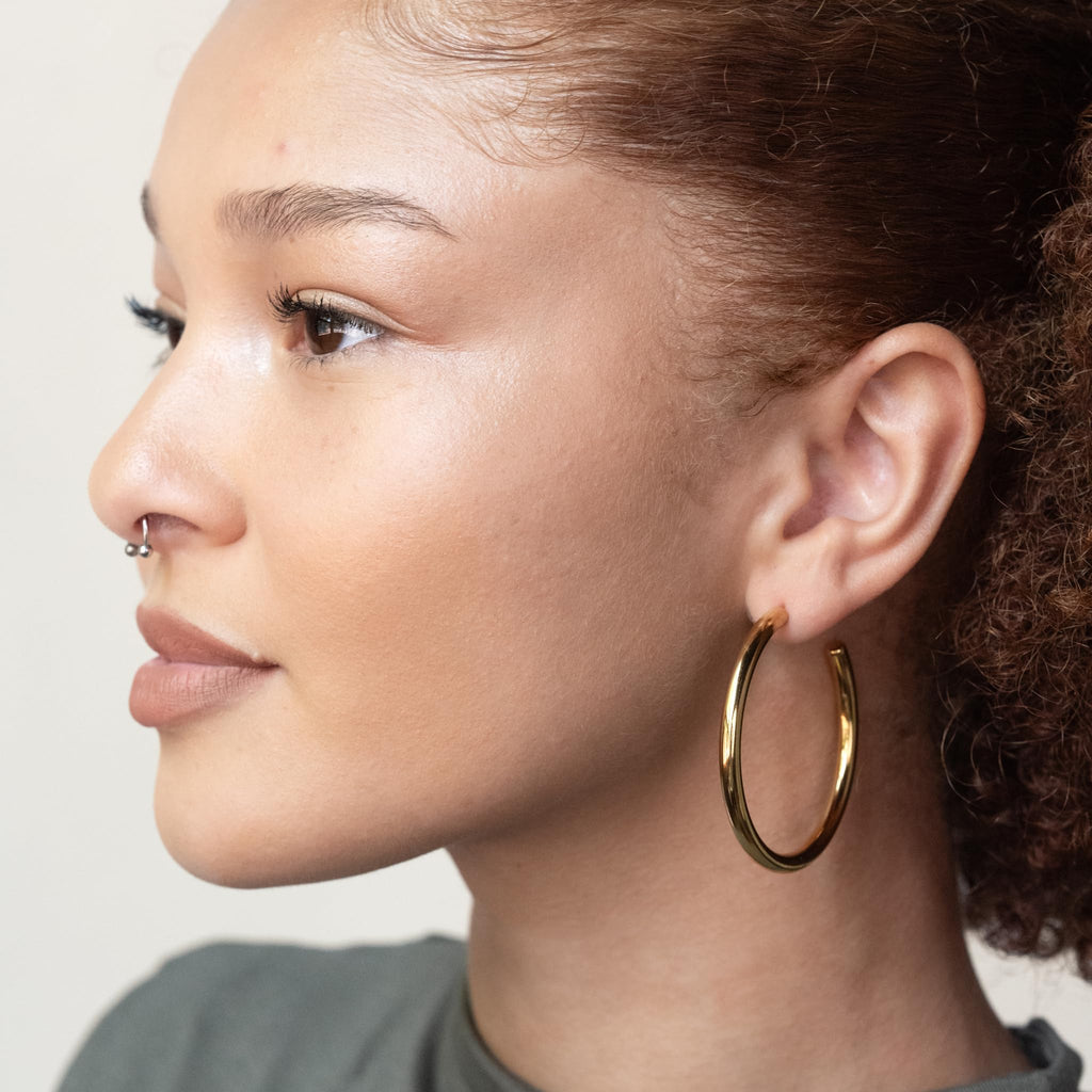 BESTOW Designer Gold and Silver Hoop Earrings for Women: 18K Gold Plated, Hypoallergenic, Waterproof, Non-Tarnish in 3 Sizes: 1 in, 2 in, 2.75 in [Gold, 2 in]