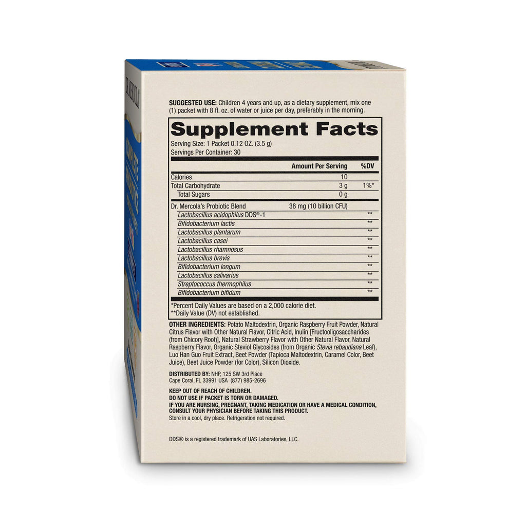 Dr. Mercola Complete Probiotics Powder Packets for Kids - Supports Digestive & Immune Health - 10 Strains - with Prebiotics - Non-GMO, Gluten-Free & Soy-Free - 30 Packets