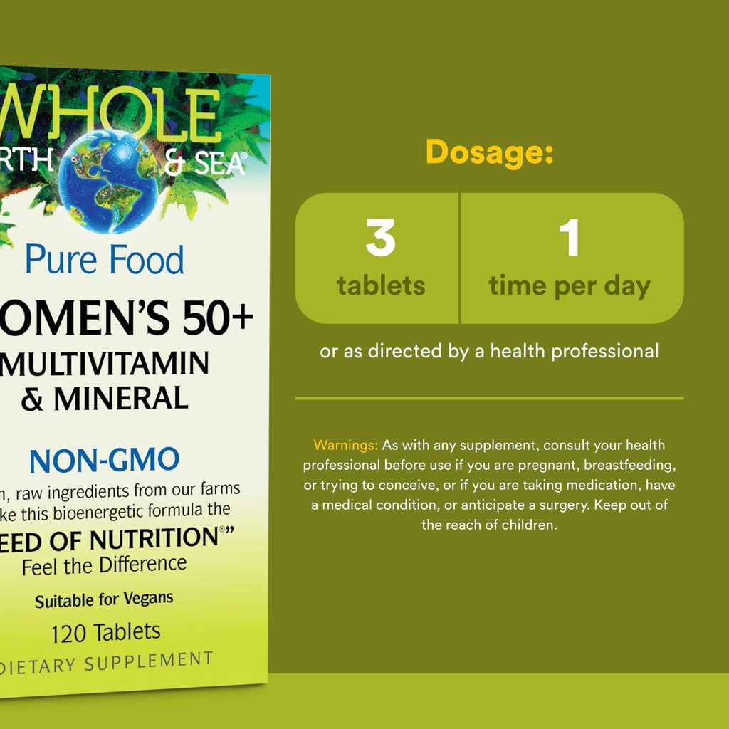 Natural Factors Whole Earth & Sea Women's 50+ Multivitamin & Mineral - Daily Multivitamin with Calcium, Selenium & More - Supports Bone & Brain Health - 120 Tablets (60 Servings)