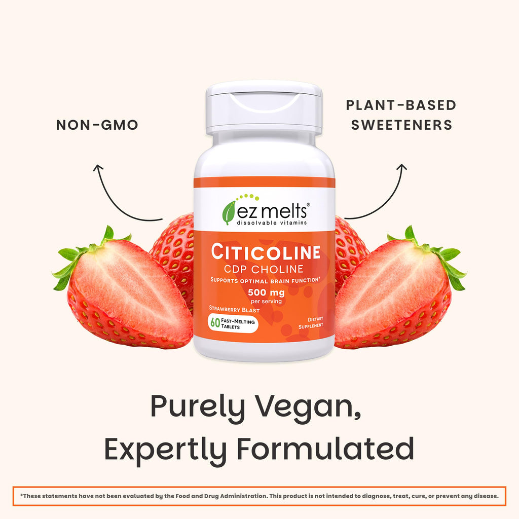 EZ Melts Citicoline - Brain Health & Memory Support Supplement - No Artificial Flavors - Non-GMO & Vegan - Strawberry Blast - 60 Dissolvable Tablets (60 Servings)