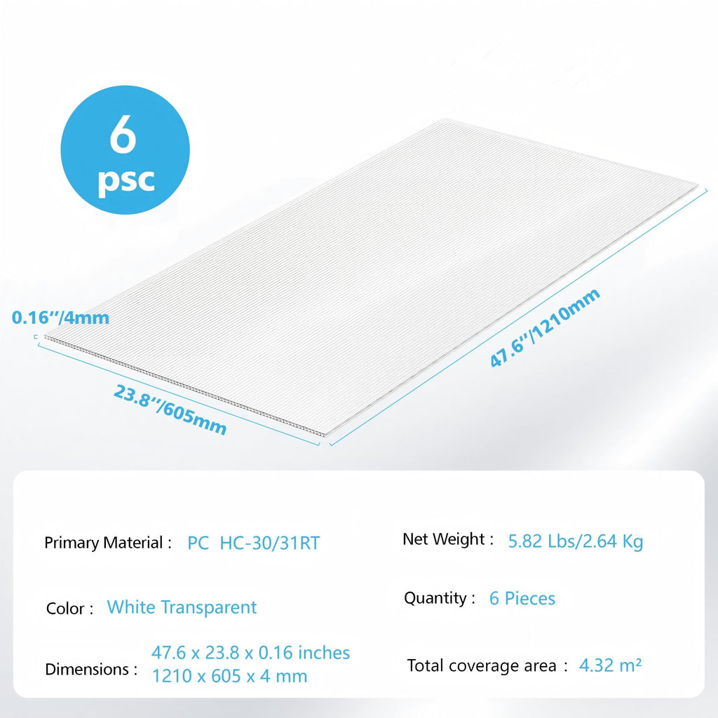 6 Pcs Polycarbonate Greenhouse Panels,4' x 2' x 0.16'' Twin-Wall Plastic roof Panels,Waterproof UV Protected Clear Corrugated Polycarbonate Sheet for All Weather Outdoor Garden Greenhouse Replacement