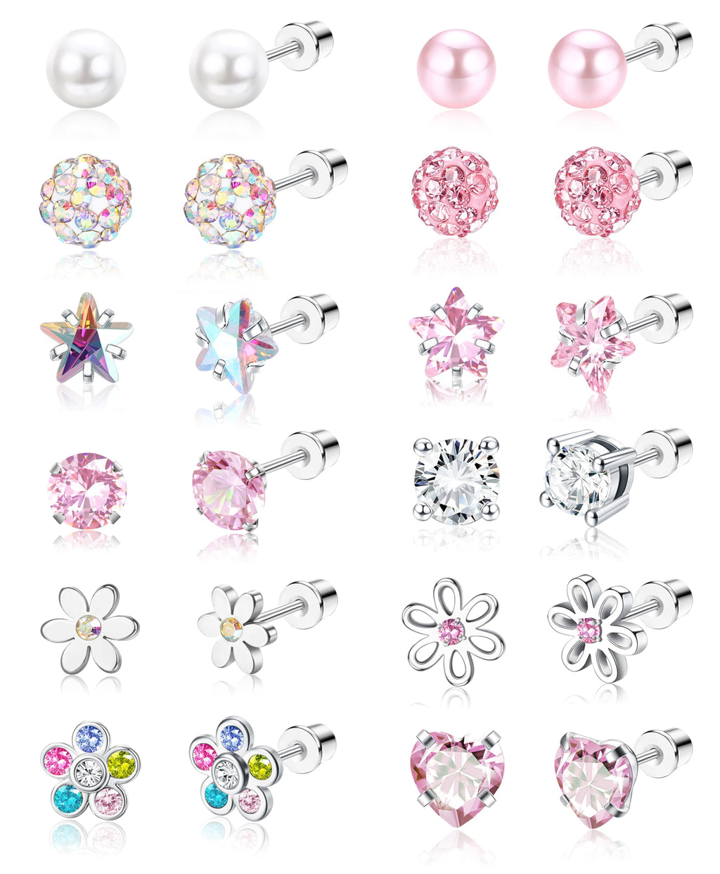 SAILIMUE 12 Pairs Hypoallergenic Screw Back Earrings for Women Girls Surgical Steel Cute Heart CZ Flower Pearl Ball Tiny Screwback Stud Earring