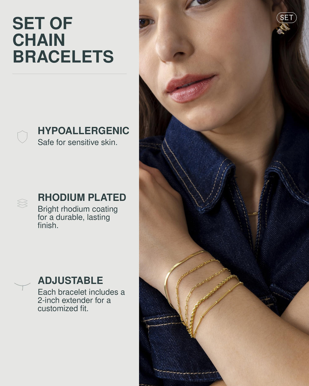 PAVOI Paperclip Beaded Stackable Chain Bracelet Set, White Gold