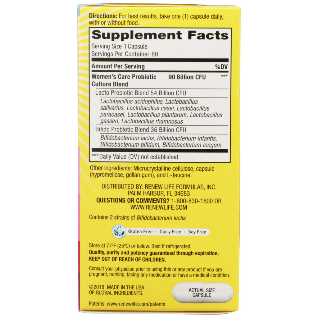 Renew Life Women's Probiotic Capsules, Supports pH Balance for Women, Vaginal, Urinary, Digestive and Immune Health, L. Rhamnosus GG, Dairy, Soy and Gluten-Free, 90 Billion CFU - 60 Ct