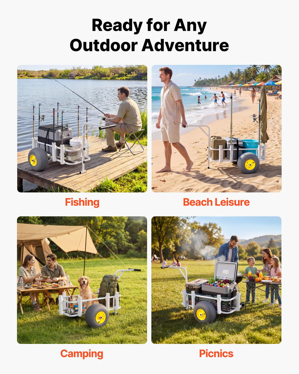 VEVOR Beach Fishing Cart, 200 lbs Load Capacity, Foldable Fishing Cart with Heavy-Duty Carbon Steel Frame, 13-Inch All-Terrain PU Balloon Tires, 7 Rod Holders, for Outdoor Activities Camping Picnic