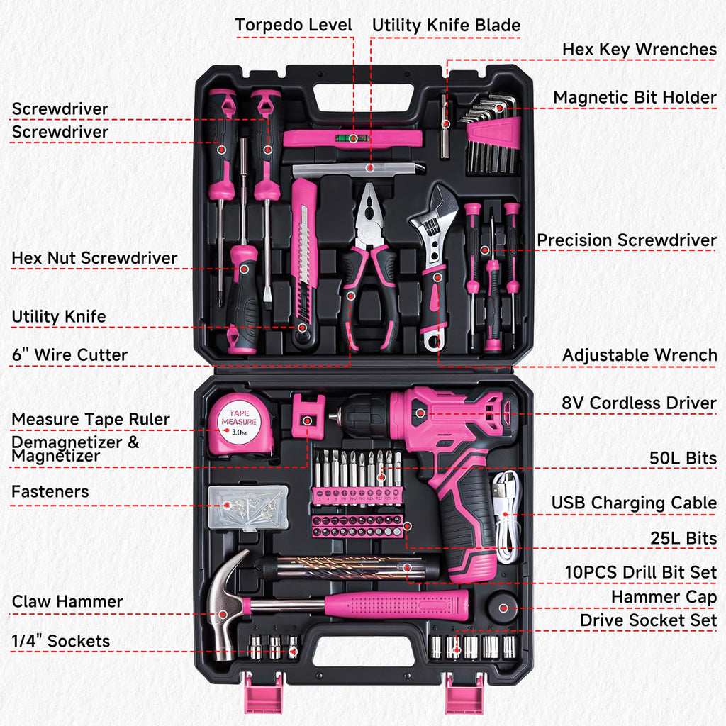 Drill Set for Women, 132 Piece Home Tool Set with 8V Cordless Drill, Tool Kit for Women & Men, Perfect for Homeowner, Diyer, Handyman