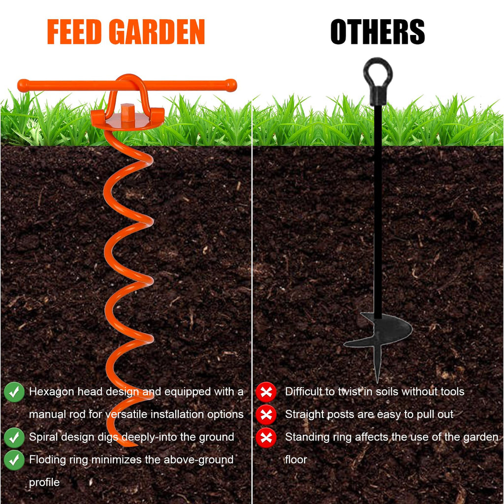 FEED GARDEN 16 Inch Spiral Ground Anchors Heavy Duty Screw in Spiral Stakes, 4 Pack Folding Ring Ground Stakes for Securing Dogs,Tents, Trampolines, Canopies, Swing Sets, Orange