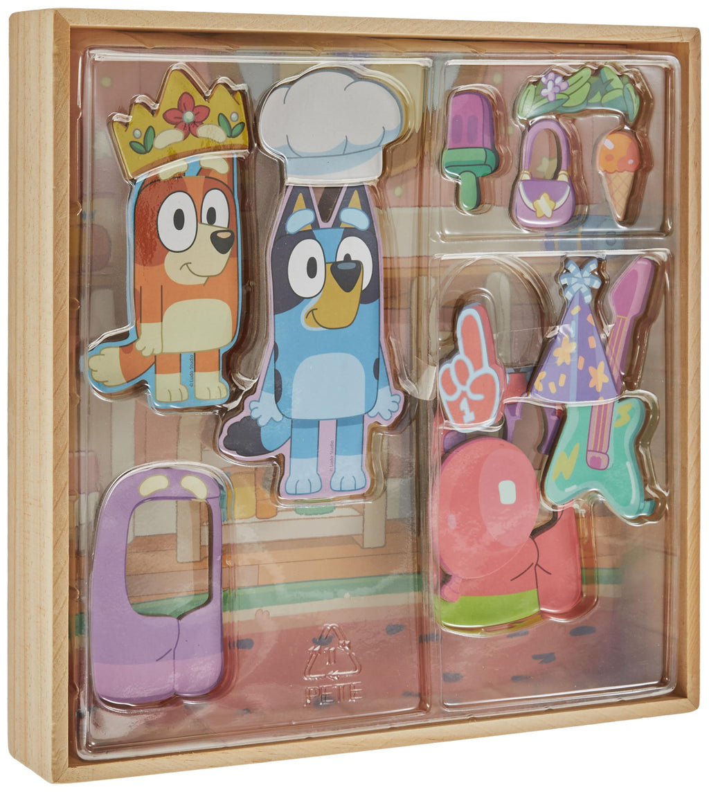 Horizon Group USA Bluey Magnetic Wooden Playhouse, 18 Piece Activity Set, Includes 2 Wooden Dolls House, Great Toys for Kids, Fun Birthday Party Activity, House Playset