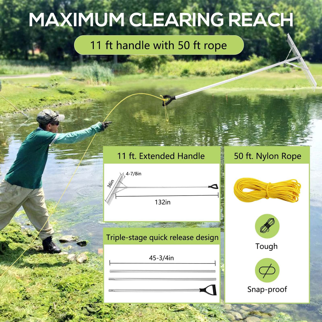PVNIEFC Floating Lake Rake, 36" Aluminum All Purpose Lake and Landscape Rake with 11' Extension Handle and 52' Rope, Weed & Algae Removal