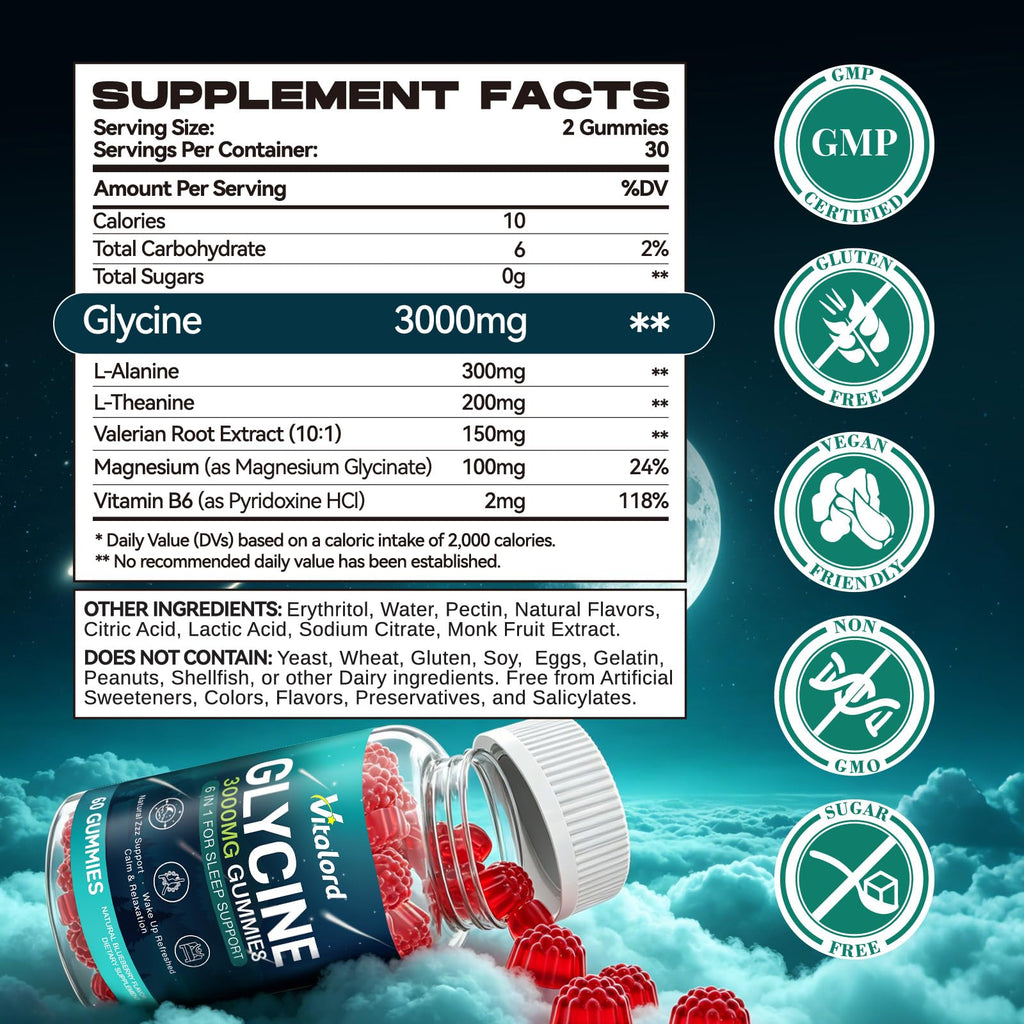 Glycine Gummies Sugar Free, Glycine Supplement for Adults, with L Alanine, L Theanine, Magnesium Glycinate, Vitamin B6 & Valerian Root Extract, for Adults, Blueberry Flavor, 60 Gummies