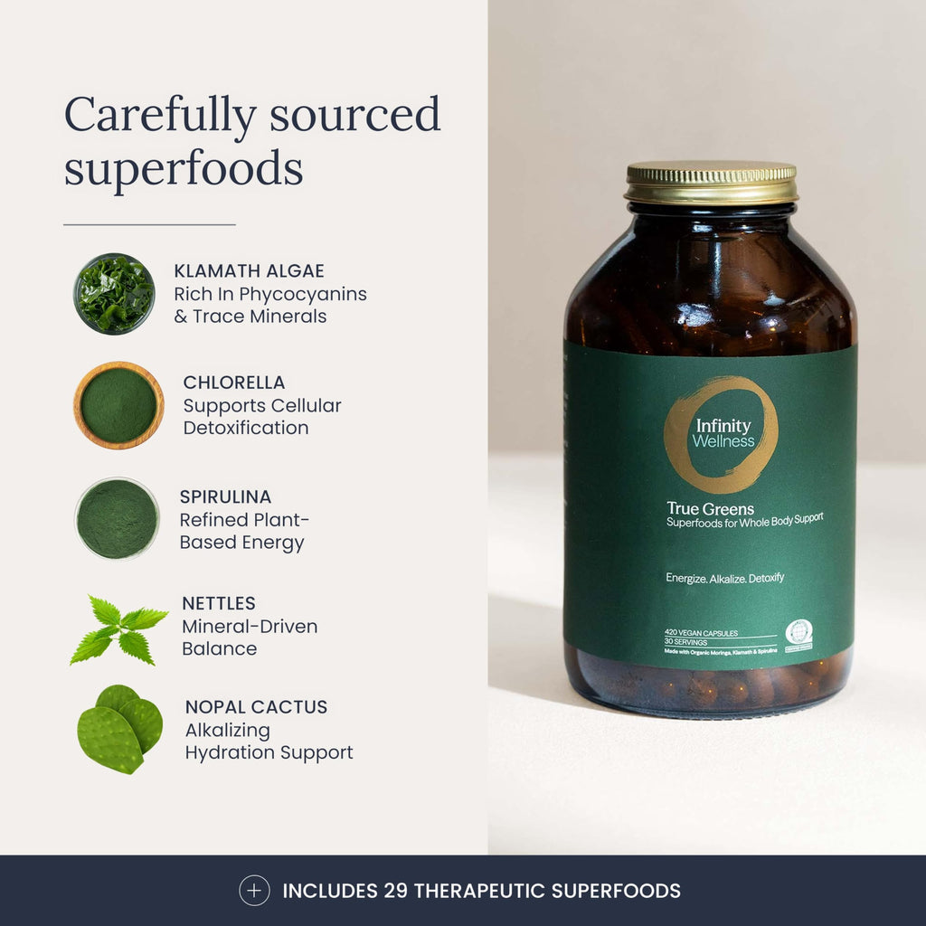 Infinity Greens Superfood Capsules, Blue Green Algae Based Capsules with 28 Organic Superfoods, No Fillers or Grasses, Energy & Longevity, Low Temp Dehydrated Greens (34 Servings)
