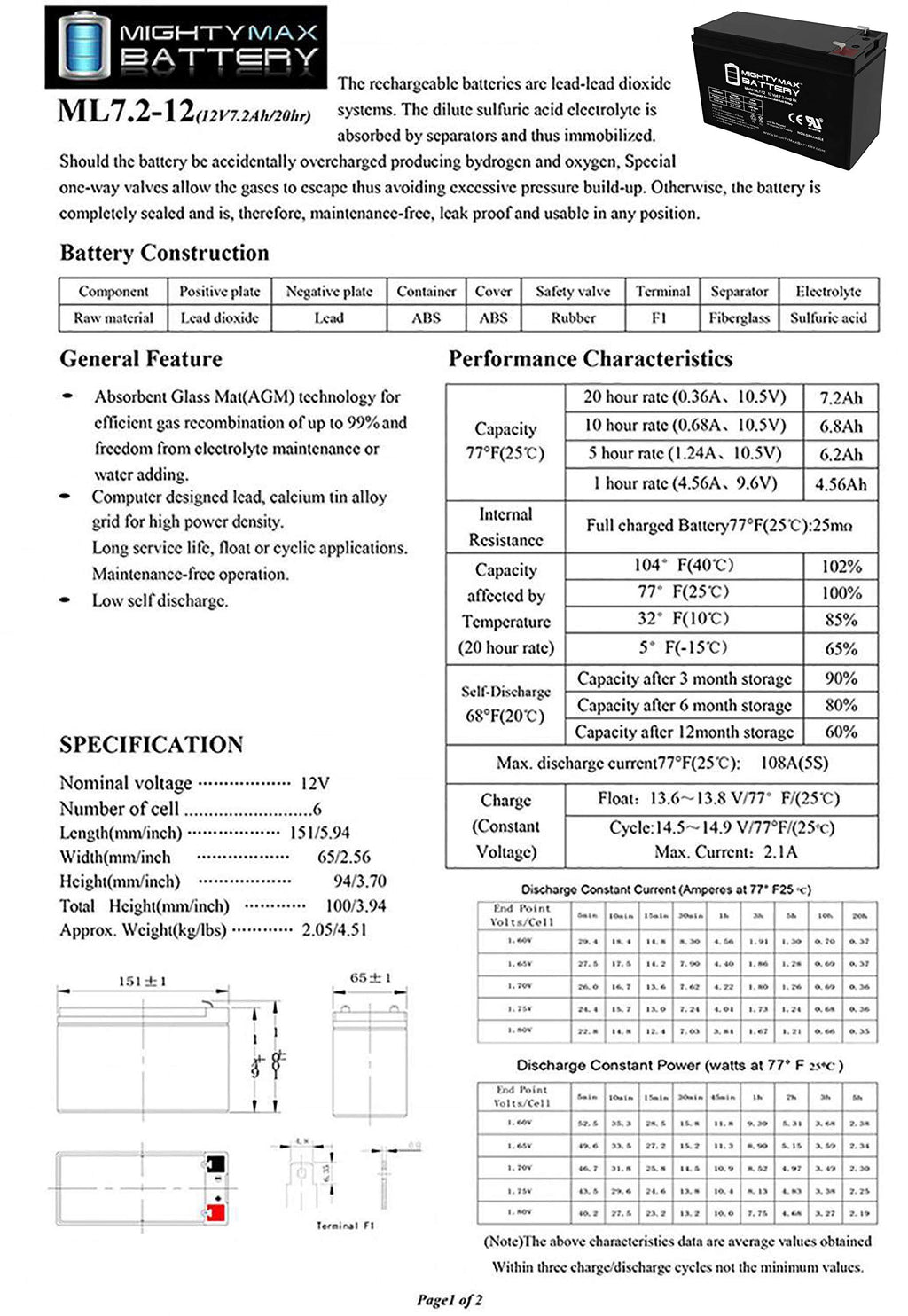 Mighty Max Battery ML7-12, 12 Volt 7.2 AH SLA F1 Terminal Battery, Brand Product, Black (Pack of 8)