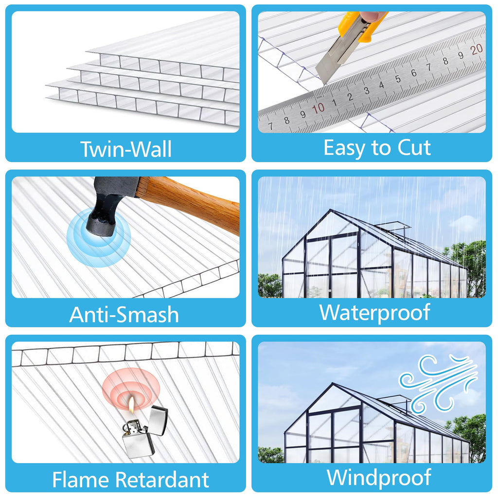 6 Pcs Polycarbonate Greenhouse Panels,4' x 2' x 0.16'' Twin-Wall Plastic roof Panels,Waterproof UV Protected Clear Corrugated Polycarbonate Sheet for All Weather Outdoor Garden Greenhouse Replacement