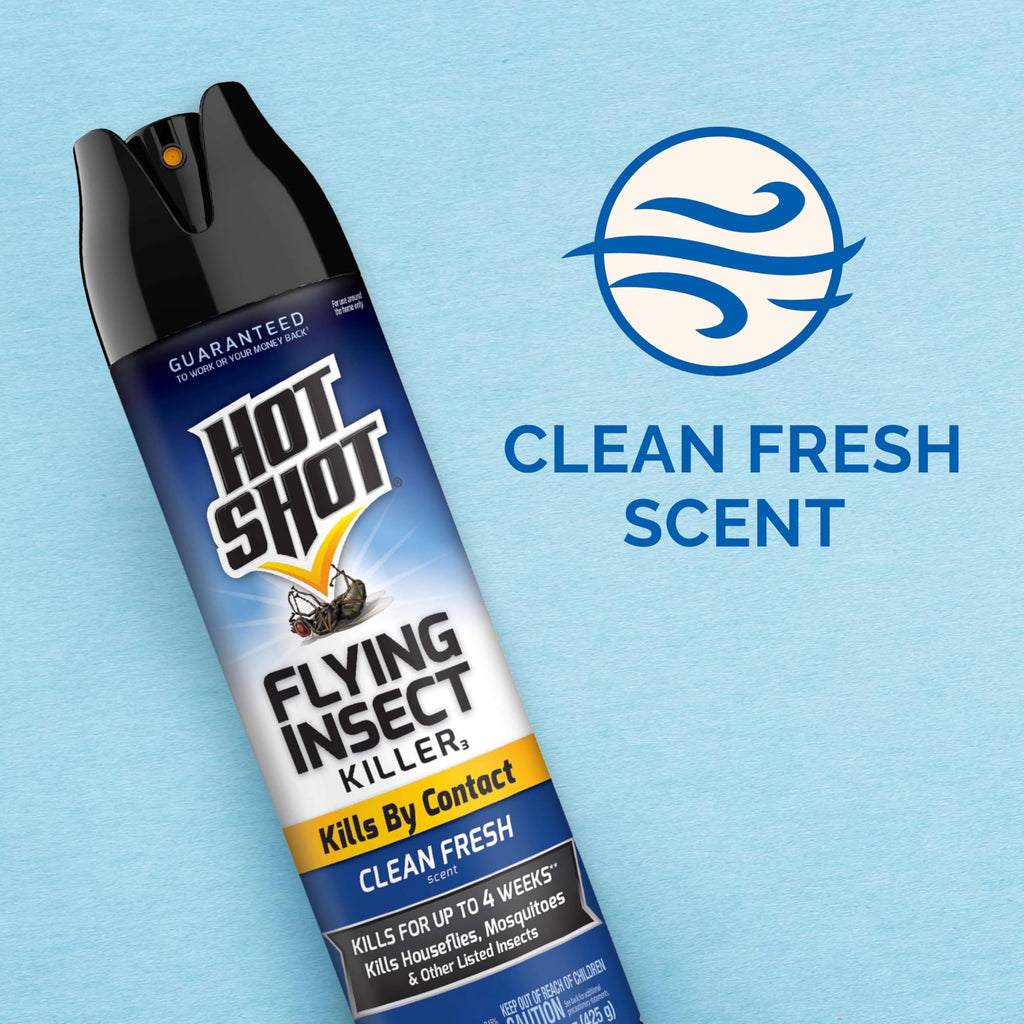 Hot Shot Flying Insect Killer, 15 Ounces, Aerosol Kills Houseflies, Mosquitoes and Flying Insects Indoors and Outdoors, Clean Fresh Scent, 3 Pack, 3.94 Pounds