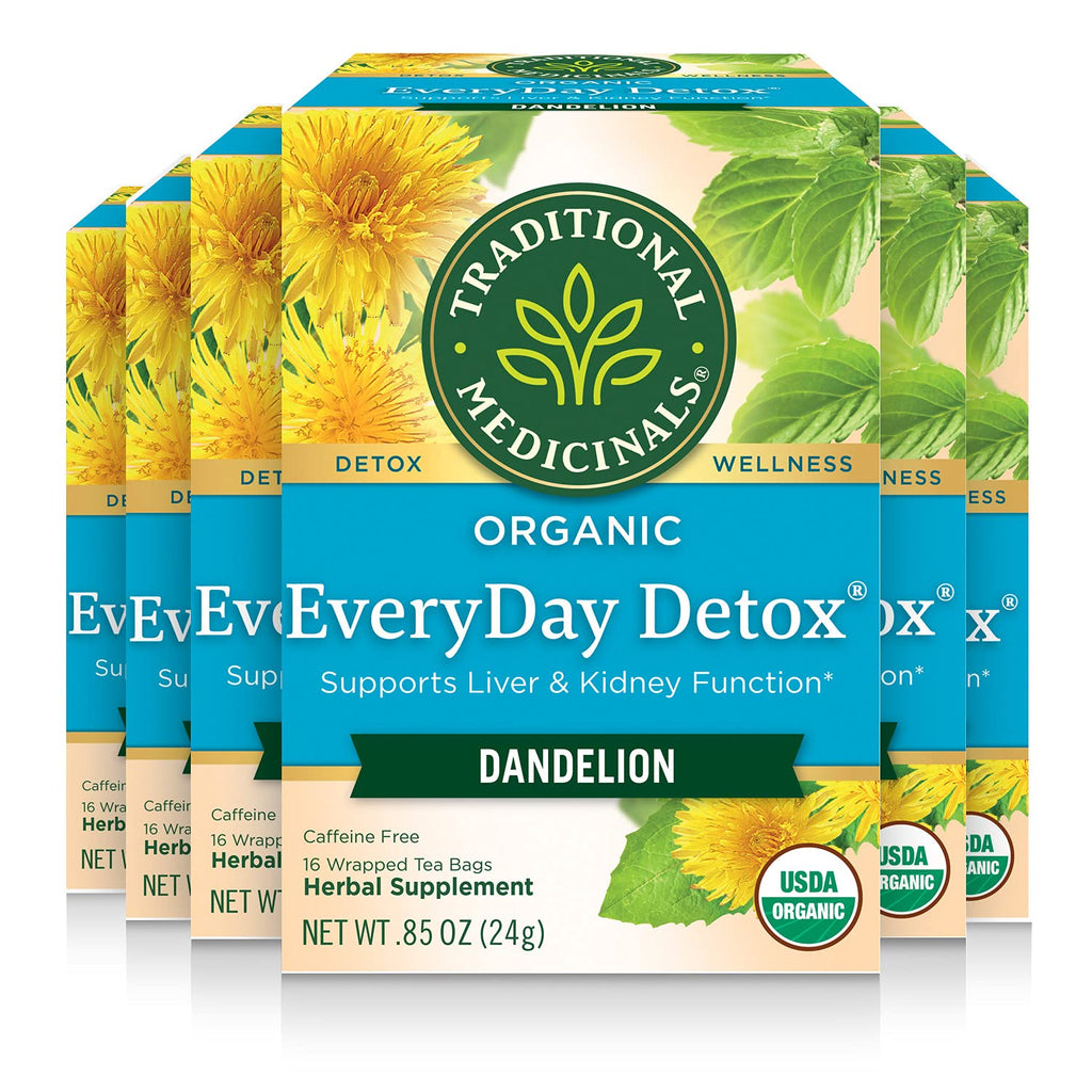 Traditional Medicinals Tea, Organic EveryDay Detox Dandelion - Supports Healthy Liver & Kidney Function, Detox - Kosher, Non-GMO, Caffeine-Free - 96 Tea Bags (6 Pack)