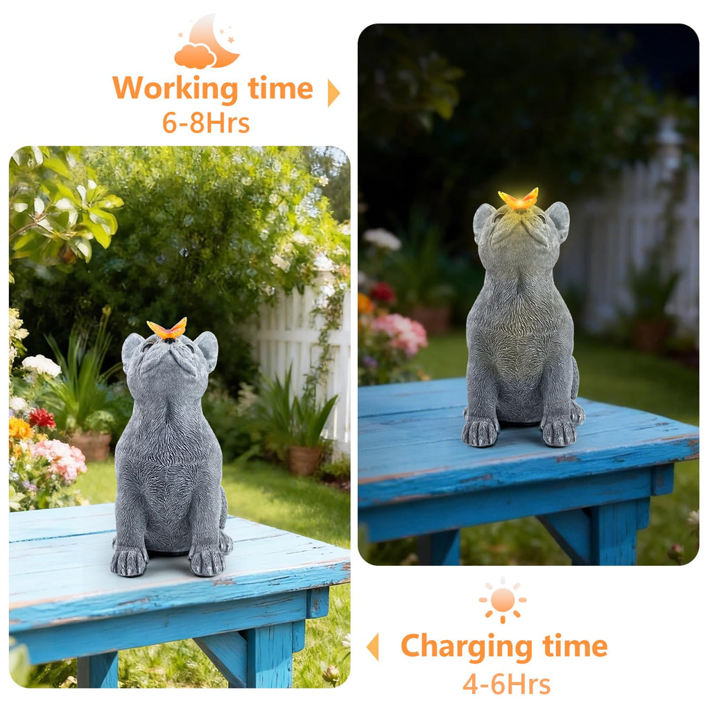 CIYSHO Dog Statue with Solar Butterfly, Cute French Bulldog Garden Statue