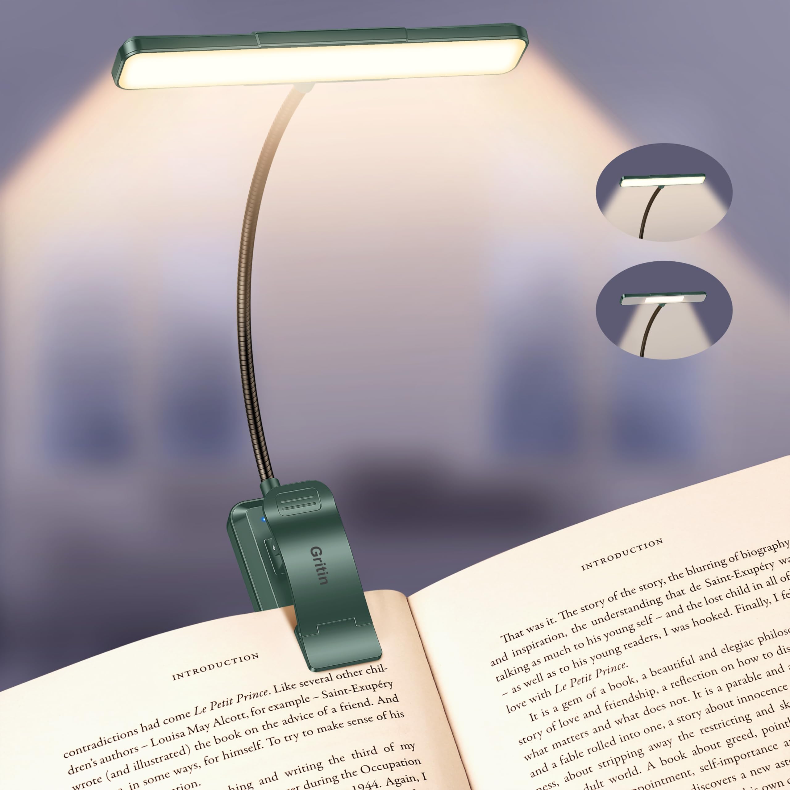 Gritin 2026 Gen 2 Book Light for Reading- 32 Eye Caring Full Spectrum LED, 5 Colors & 5 Brightness, Adjustable Wide/Narrow Beam, Upgrade 1500mAh Long-Lasting Clip on Light for Book Lovers-Forest Green
