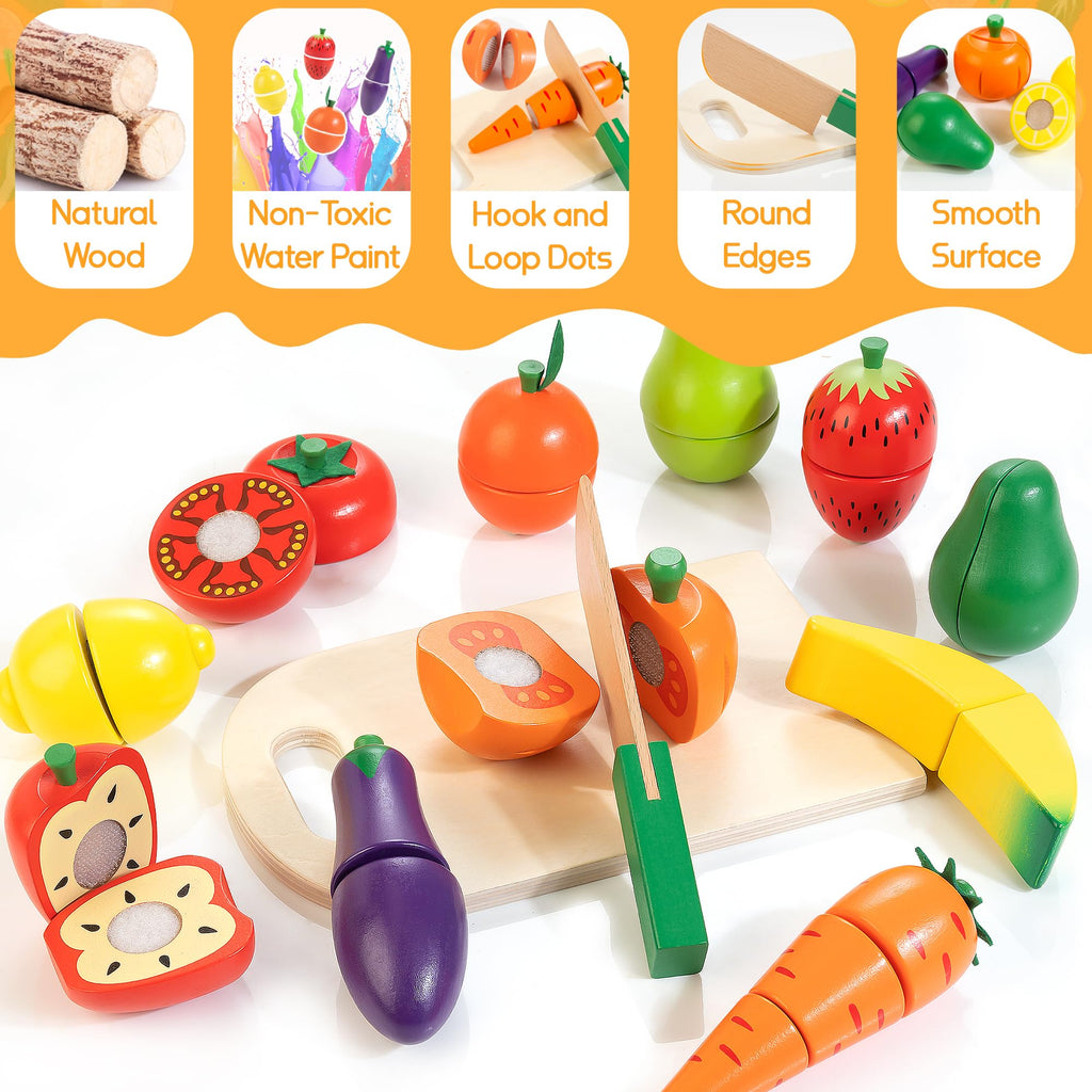 Wooden Play Food for Toddlers, Fruit & Veggies Cutting Set for Play Kitchen