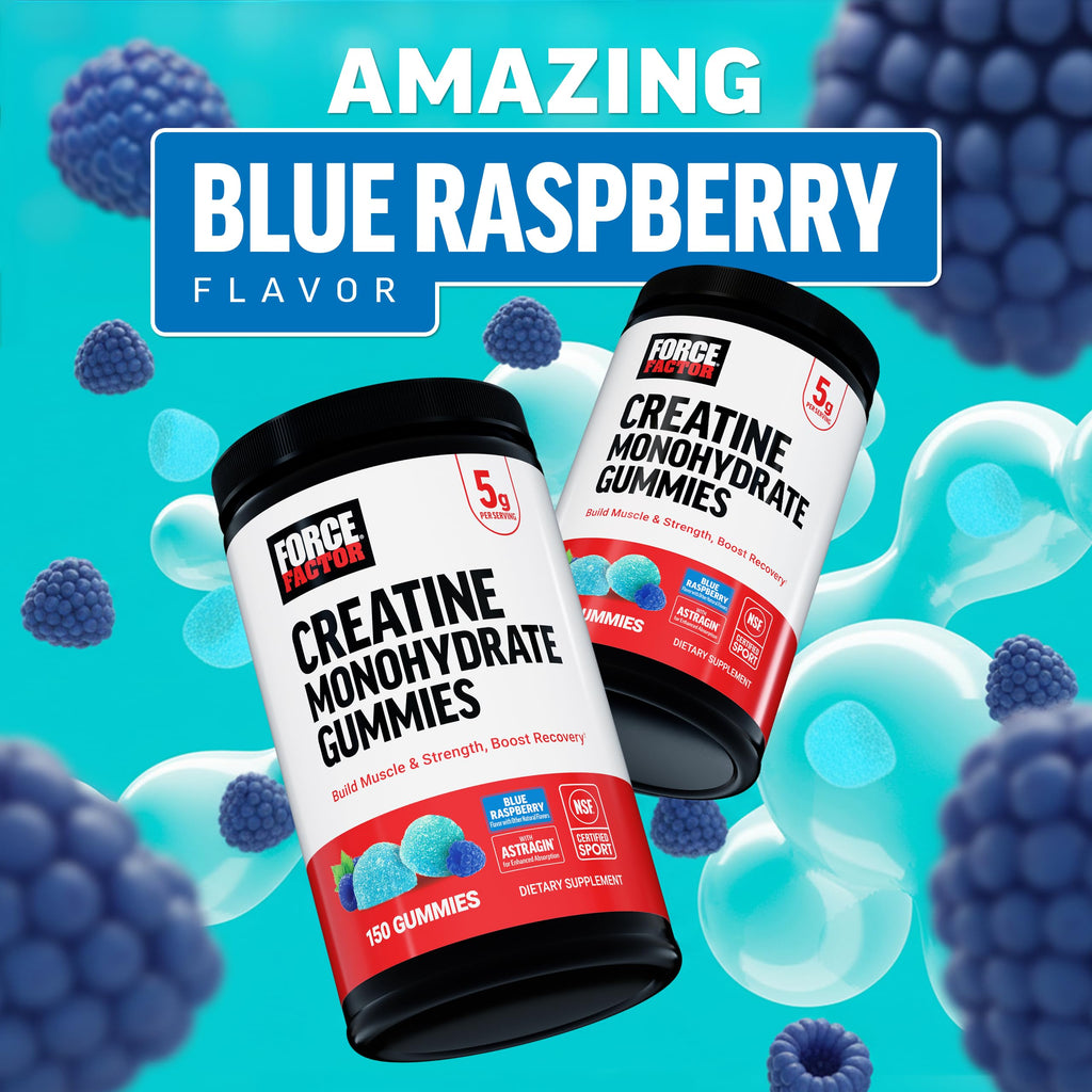 Force Factor Creatine Monohydrate Gummies, NSF Certified, 5g Dose for Men & Women to Support Muscle, Strength, Recovery, Cognitive Health & Memory, Packaging May Vary, Blue Raspberry, 150 Gummies