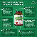 Zazzee USDA Organic Cranberry 25:1 Extract, 500 mg per Capsule, 180 Vegan Capsules, 6 Month Supply, Certified Kosher, Standardized, Concentrated 25X Extract, 100% Vegetarian, Non-GMO, Made in The USA