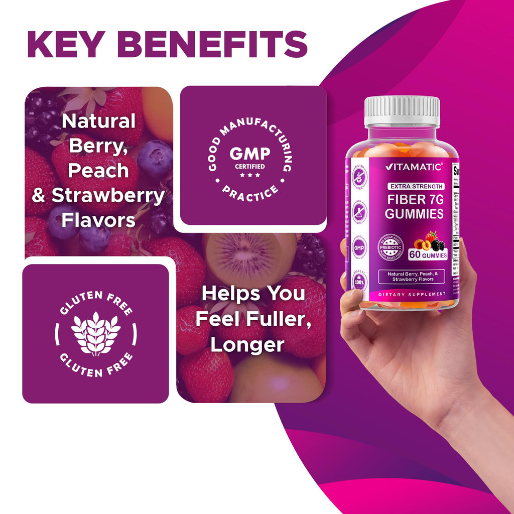 Vitamatic Prebiotic Fiber Gummies for Adults – 2 Pack (Total 120 Gummies) 7g Fiber per Serving | Extra Strength | Zero Sugar Added | Pectin-Based | Digestive Health & Regularity Support