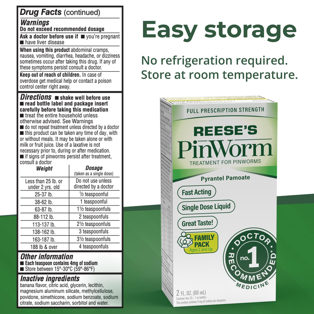 REESE'S PINWORM Medicine Liquid for Entire Family, Full Prescription Strength, 2 Oz, Pack of 2, #1 Doctor Recommended Single Dose Pyrantel Pamoate Dewormer for Adults & Kids Ages 2+, Banana Flavor
