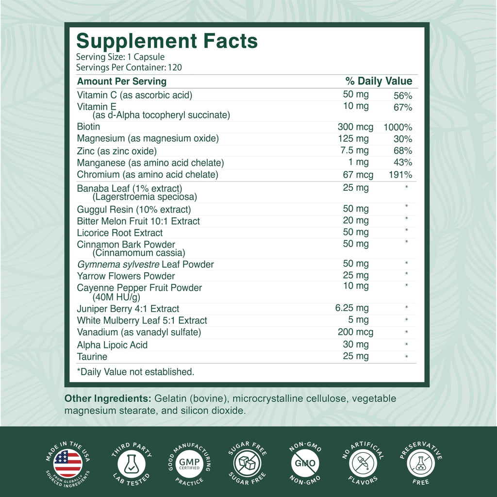 PurePremium Normal Blood Sugar Support Supplement - 20 Active Ingredients Complex to Support Blood Sugar Levels Already in The Normal Range - with Cinnamon, Bitter Melon, Chromium, Mulberry - 120ct