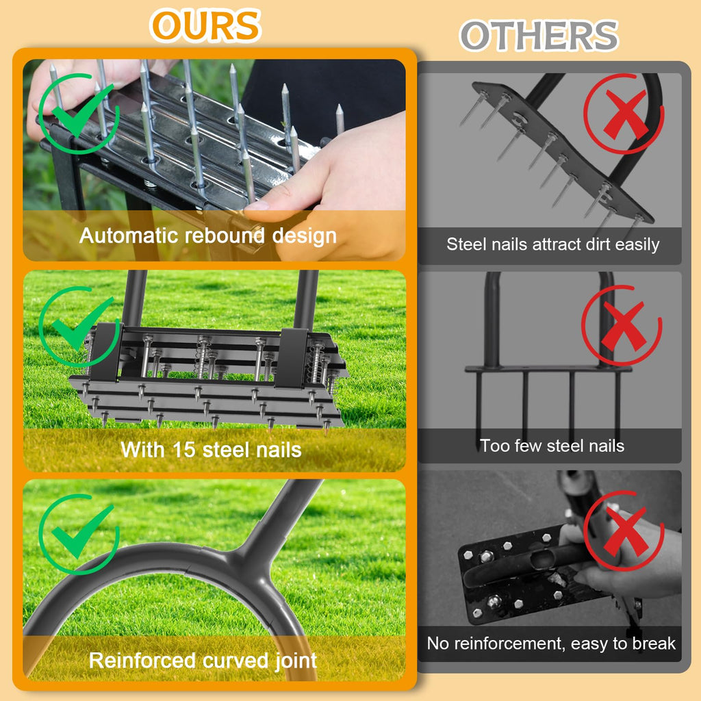 Aerator Lawn Tool - 2-in-1 Reinforced Heavy Duty Manual Lawn Aerator with 15 Spikes, Automatic Dirt and Leaf Clean Design, Adjustable T-Handle (Gloss Black)