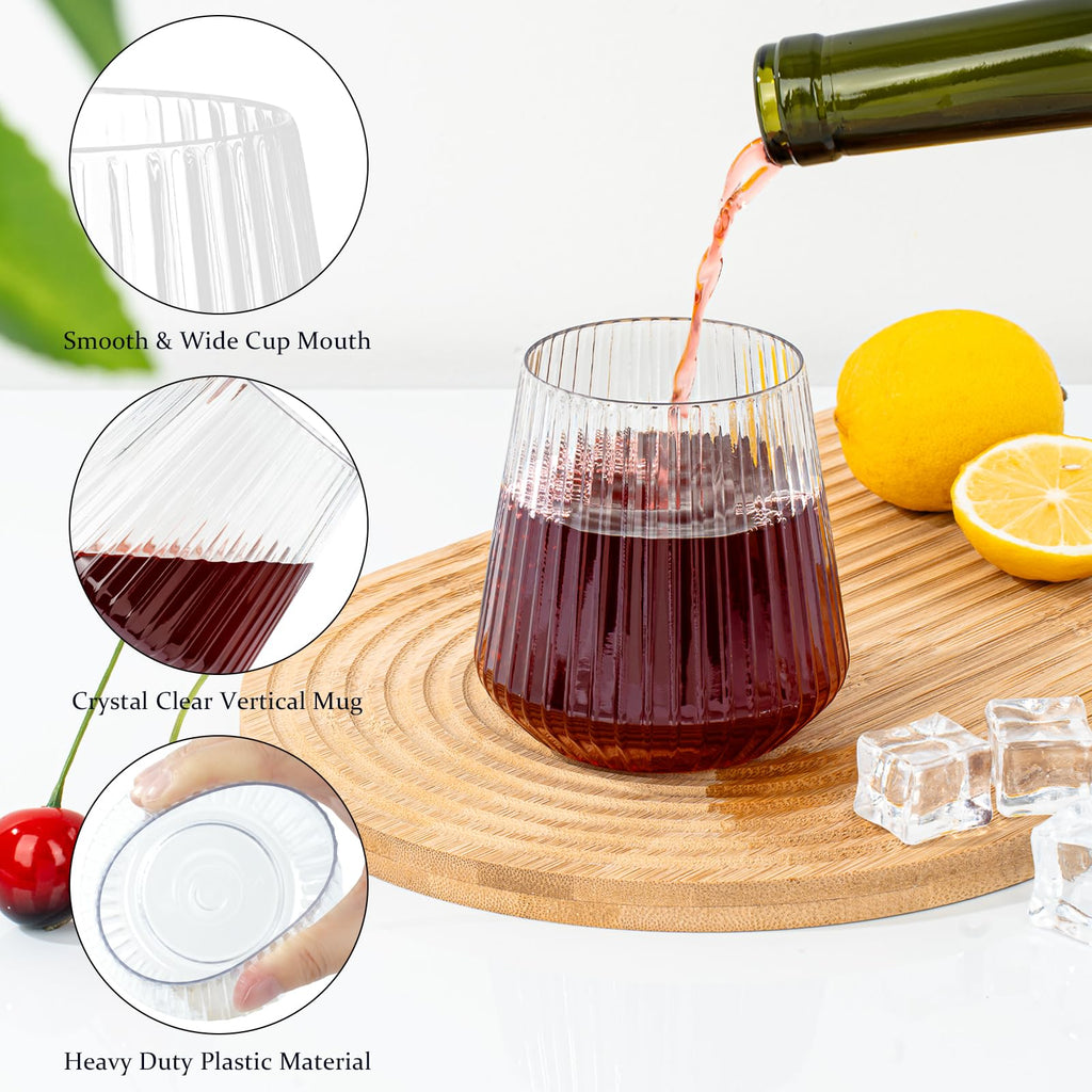 BESTSTAR 36 Pcs 12oz Plastic Clear Ribbed Wine Glasses,Origami Ripple Glass